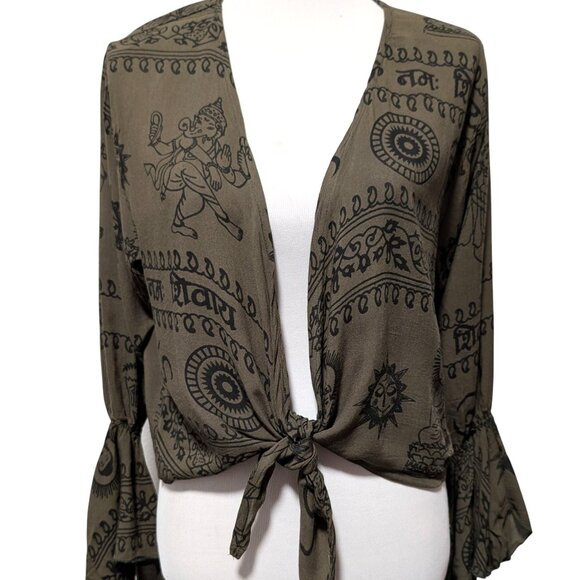 Rhea Womens Size L/XL Olive Green Hindu Ganesh Tie Front Flare Cuff Crop Top - Picture 2 of 11